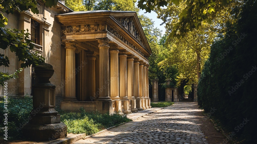 Poster a serene pathway lined with columns and trees in a historic setting.
