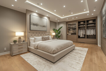 Chambre Parentale Luxueuse avec Lit King-Size, Tables de Chevet Élégantes, Dressing Intégré et Éclairage Doux, Ambiance Haut de Gamme et Relaxante