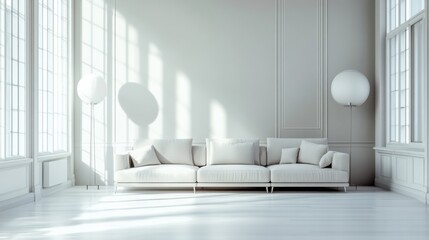 Modern minimalist living area with sleek, simple decor. Featuring an open, airy layout