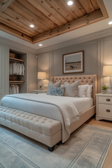 Chambre Parentale Luxueuse avec Lit King-Size, Tables de Chevet Élégantes, Dressing Intégré et Éclairage Doux, Ambiance Haut de Gamme et Relaxante