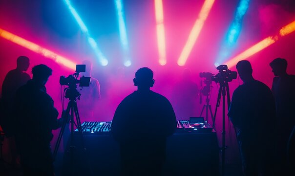 A silhouetted group with cameras captures a vibrant, colorful lighting setup.