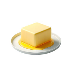 Isolated Square Butter Block on a White Plate with Melted Butter Drizzle