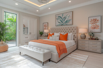 Chambre Parentale Luxueuse avec Lit King-Size, Tables de Chevet Élégantes, Dressing Intégré et Éclairage Doux, Ambiance Haut de Gamme et Relaxante