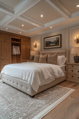 Chambre Parentale Luxueuse avec Lit King-Size, Tables de Chevet Élégantes, Dressing Intégré et Éclairage Doux, Ambiance Haut de Gamme et Relaxante