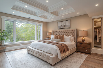 Chambre Parentale Luxueuse avec Lit King-Size, Tables de Chevet Élégantes, Dressing Intégré et Éclairage Doux, Ambiance Haut de Gamme et Relaxante