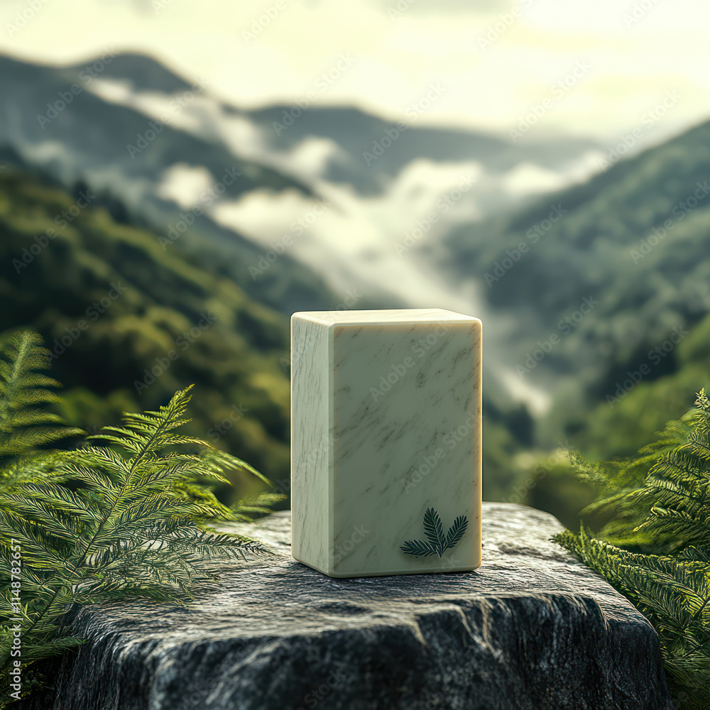 Poster soap block marble block with leaf design sits on stone in lush green landscape, surrounded by mounta