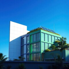 Obraz premium Innovative eco friendly office building with solar panels and lush rooftop garden under a vibrant blue sky