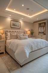 Fototapeta premium Chambre Parentale Luxueuse avec Lit King-Size, Tables de Chevet Élégantes, Dressing Intégré et Éclairage Doux, Ambiance Haut de Gamme et Relaxante