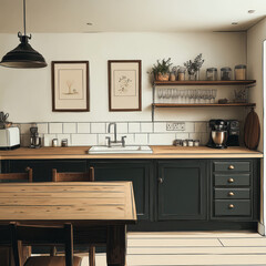 Fototapeta premium modern kitchen featuring dark cabinetry, wooden countertops, and stylish decor. space is well organized with kitchen appliances and dining table, creating warm atmosphere