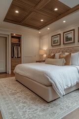 Chambre Parentale Luxueuse avec Lit King-Size, Tables de Chevet Élégantes, Dressing Intégré et Éclairage Doux, Ambiance Haut de Gamme et Relaxante