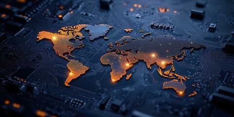 Global electronics market connectivity, trade map visualization on circuit board. World map made from glowing points on tech circuit board. Illustration for global trade, tech market trends.