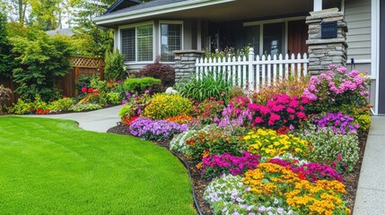 Colorful flower garden in front of a house.