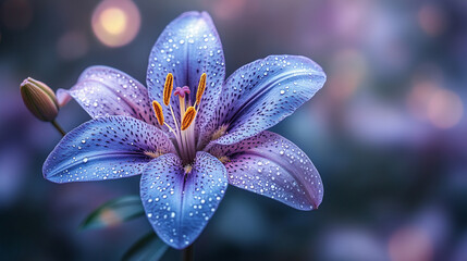 magical purple lily flower blooms, symbolizing mystery, transformation, and spiritual growth. Its rich color and delicate petals evoke a sense of tranquility amidst chaos and change