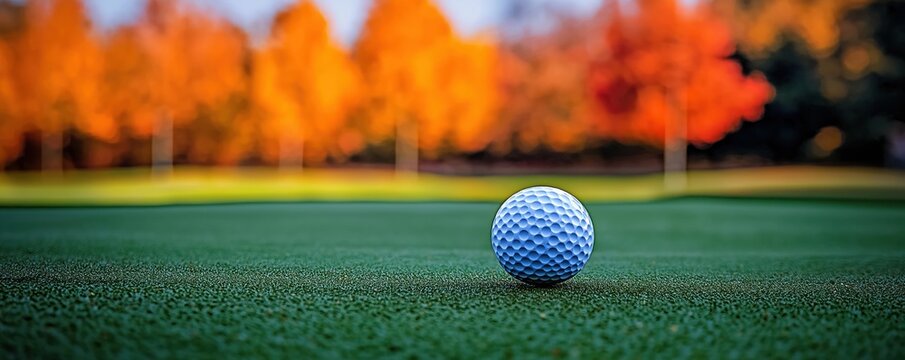 Golf ball sits on autumn golf course green. Colorful trees create picturesque backdrop. Peaceful scene of fall sports. Tranquil atmosphere. Perfect for leisure activity. Golf popular sport. Hobby for