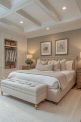 Chambre Parentale Luxueuse avec Lit King-Size, Tables de Chevet Élégantes, Dressing Intégré et Éclairage Doux, Ambiance Haut de Gamme et Relaxante