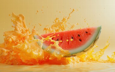 A watermelon slice in flight with juice splashes vividly captured