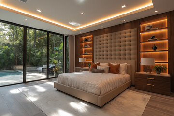 Fototapeta premium Chambre Parentale Luxueuse avec Lit King-Size, Tables de Chevet Élégantes, Dressing Intégré et Éclairage Doux, Ambiance Haut de Gamme et Relaxante