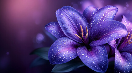 magical purple lily flower blooms, symbolizing mystery, transformation, and spiritual growth. Its rich color and delicate petals evoke a sense of tranquility amidst chaos and change