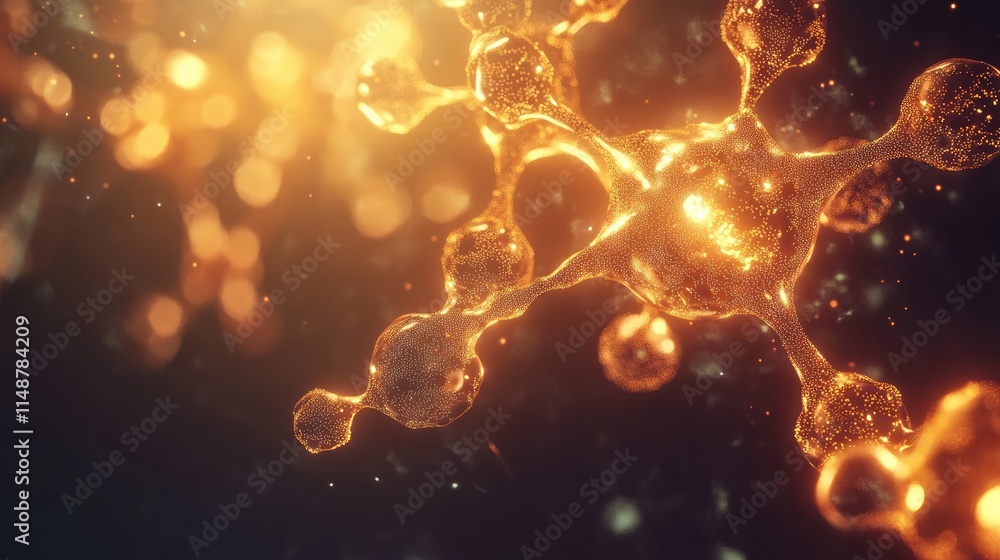Poster glowing molecular structure with intricate particles in a 3d space; futuristic scientific representa