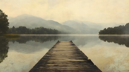 Serene misty lake scene with wooden dock extending towards tranquil mountains.