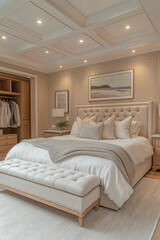 Chambre Parentale Luxueuse avec Lit King-Size, Tables de Chevet Élégantes, Dressing Intégré et Éclairage Doux, Ambiance Haut de Gamme et Relaxante