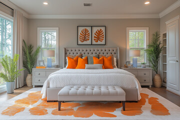 Fototapeta premium Chambre Parentale Luxueuse avec Lit King-Size, Tables de Chevet Élégantes, Dressing Intégré et Éclairage Doux, Ambiance Haut de Gamme et Relaxante