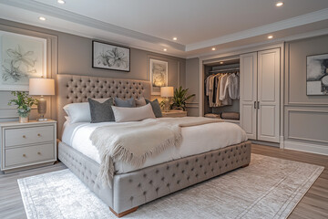 Chambre Parentale Luxueuse avec Lit King-Size, Tables de Chevet Élégantes, Dressing Intégré et Éclairage Doux, Ambiance Haut de Gamme et Relaxante