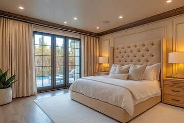 Chambre Parentale Luxueuse avec Lit King-Size, Tables de Chevet Élégantes, Dressing Intégré et Éclairage Doux, Ambiance Haut de Gamme et Relaxante