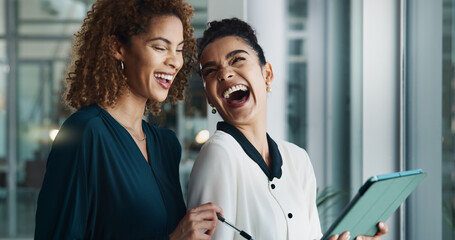 Women, tablet and laughing for finance in office, budget plan and online for economy research....