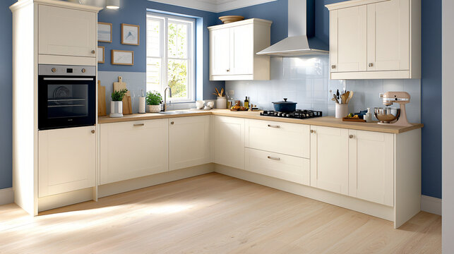 Scandinavian-style kitchen with white cabinetry and a soft blue backsplash, complemented by light oak flooring.