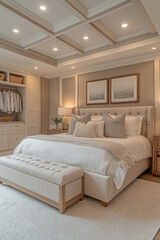 Chambre Parentale Luxueuse avec Lit King-Size, Tables de Chevet &Eacute;l&eacute;gantes, Dressing Int&eacute;gr&eacute; et &Eacute;clairage Doux, Ambiance Haut de Gamme et Relaxante