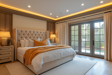 Chambre Parentale Luxueuse avec Lit King-Size, Tables de Chevet Élégantes, Dressing Intégré et Éclairage Doux, Ambiance Haut de Gamme et Relaxante