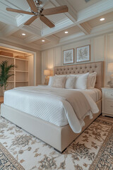 Fototapeta premium Chambre Parentale Luxueuse avec Lit King-Size, Tables de Chevet Élégantes, Dressing Intégré et Éclairage Doux, Ambiance Haut de Gamme et Relaxante