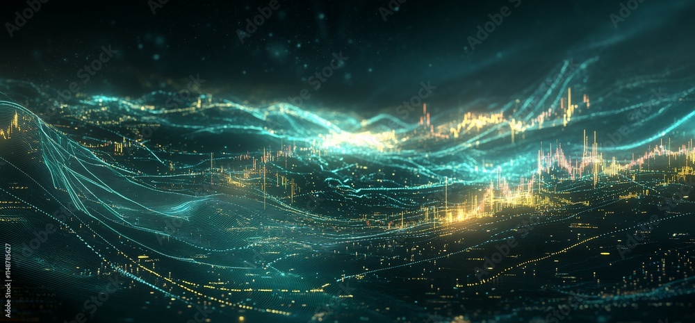 Poster abstract digital landscape with flowing lines and glowing data points.