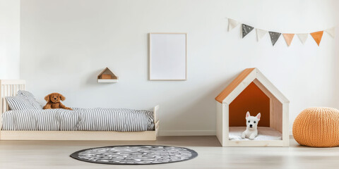 Playful puppy in cozy bedroom modern interior pet-friendly design bright environment eye-level view home comfort concept