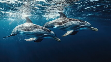 Obraz premium Two dolphins swimming underwater.