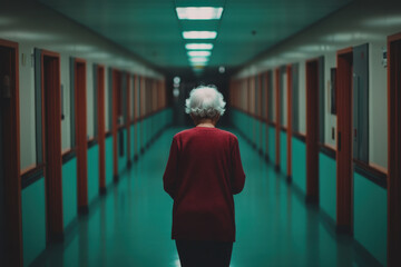 Lonely senior woman walking in hospital corridor
