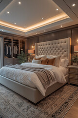 Chambre Parentale Luxueuse avec Lit King-Size, Tables de Chevet Élégantes, Dressing Intégré et Éclairage Doux, Ambiance Haut de Gamme et Relaxante