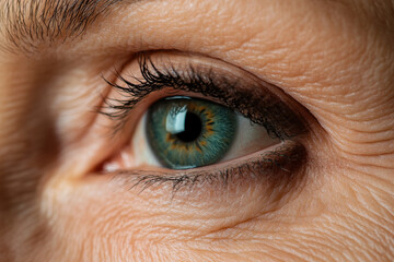 Woman's green eye showing signs of aging and wrinkles