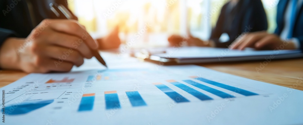 Poster business meeting with charts and graphs on a table, focusing on data analysis.