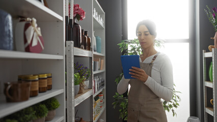 Hispanic woman using tablet in beautifully decorated decor store surrounded by various indoor home...