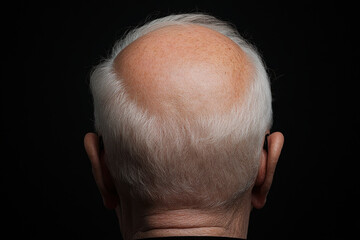 Fototapeta premium Close up of senior man showing baldness and gray hair on black background