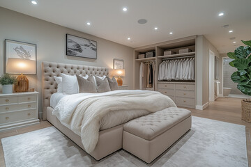 Chambre Parentale Luxueuse avec Lit King-Size, Tables de Chevet Élégantes, Dressing Intégré et Éclairage Doux, Ambiance Haut de Gamme et Relaxante