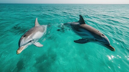 Obraz premium Two dolphins swimming in turquoise ocean.