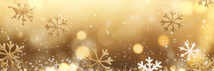 Blurred golden fairy lights with subtle snowflake accents, perfect for festive holiday Christmas themes. Features a magical, wintery vibe with copy space for seasonal designs or greetings.

