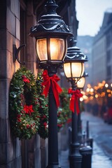 Charming Christmas Street Scene with Lit Lanterns and Wreaths