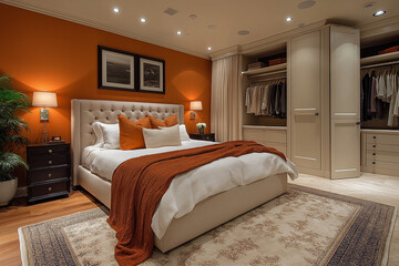 Chambre Parentale Luxueuse avec Lit King-Size, Tables de Chevet &Eacute;l&eacute;gantes, Dressing Int&eacute;gr&eacute; et &Eacute;clairage Doux, Ambiance Haut de Gamme et Relaxante