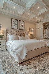 Chambre Parentale Luxueuse avec Lit King-Size, Tables de Chevet Élégantes, Dressing Intégré et Éclairage Doux, Ambiance Haut de Gamme et Relaxante