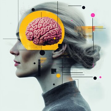 Woman profile view. Artistic collage style. Brain graphic with abstract geometric shapes, colors. Modern art photo about mental health, brain exploration. Focuses on understanding consciousness,