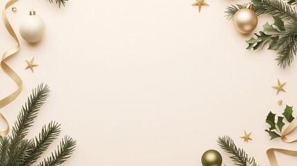 Christmas - Holiday Card with Golden Ornaments and Ribbon